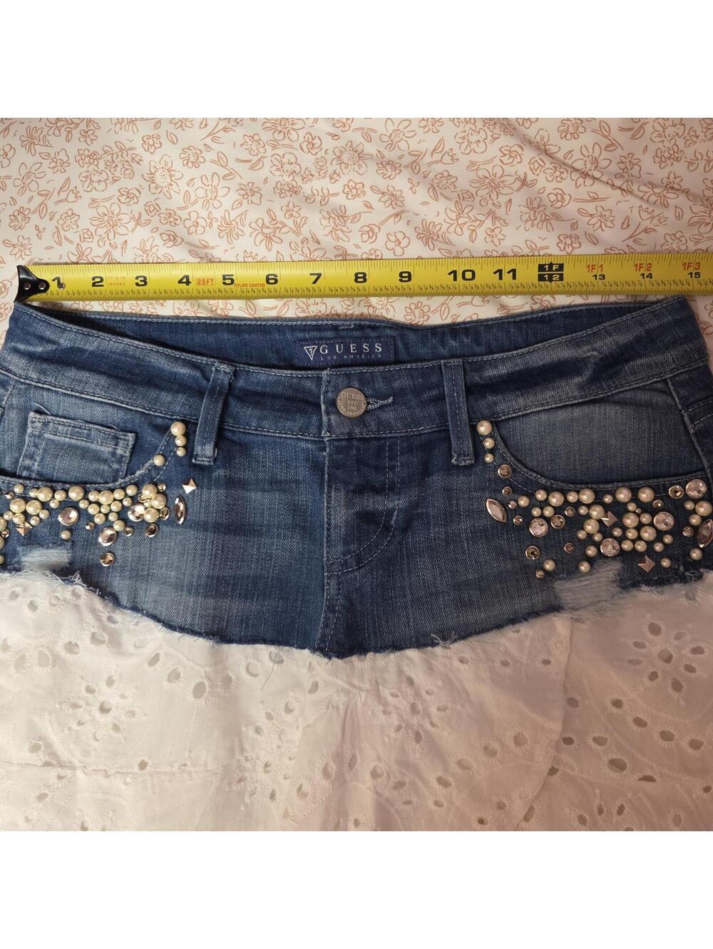 Beaded Denim Mini Skirt with Lace Hem Size 25 Y2K Boho Fairy Pearl Rhinestone - Picture 6 of 8